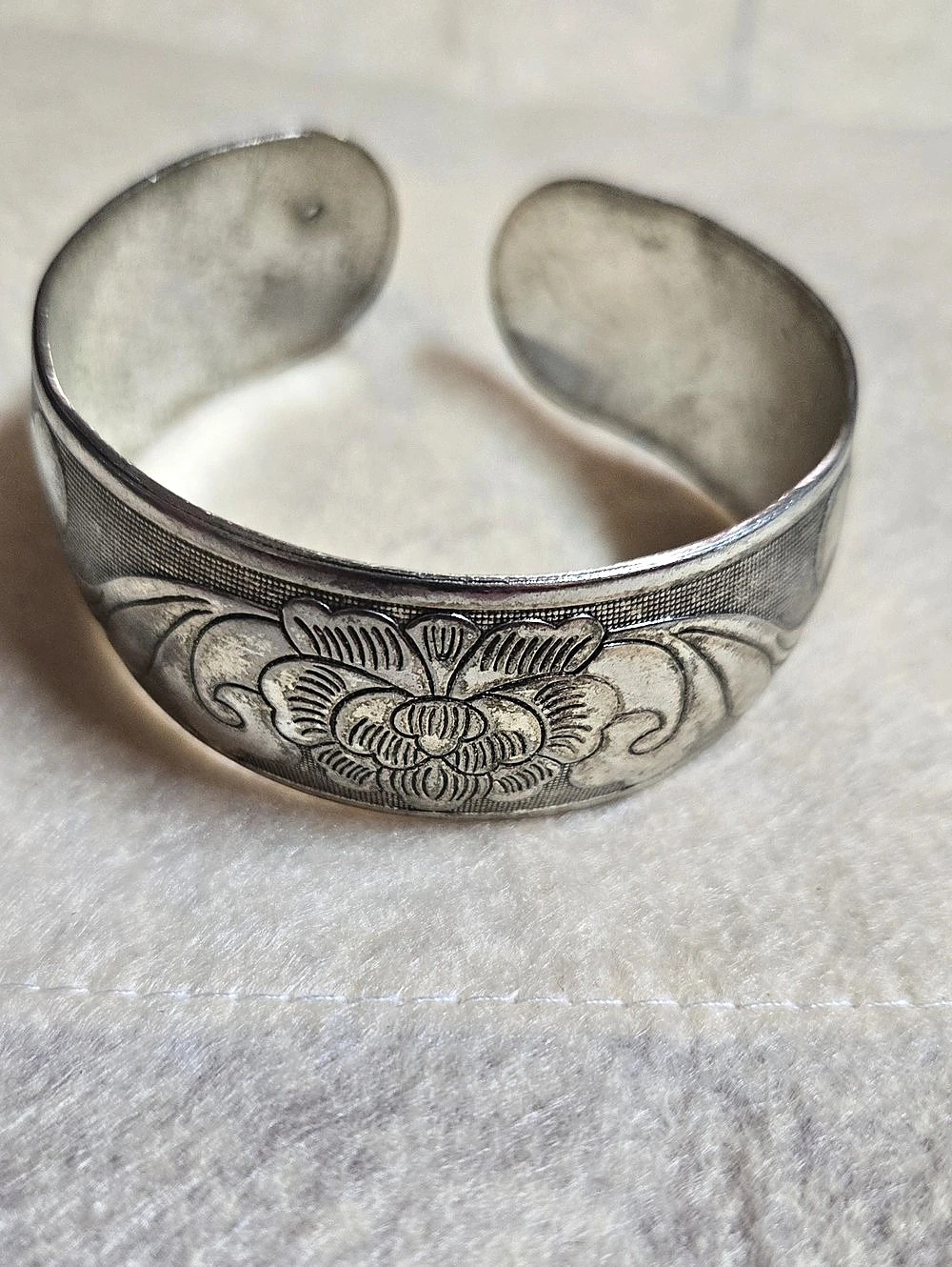 Engraved Floral Silver-Tone Cuff Bracelet